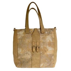 Anthropologie Jesslyn Blake Foundry Bag Taupe Gold Silver leather canvas